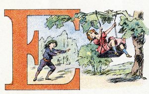 Litera E: Scarpolette. Alfabet fosfatyny Falieres. Rytownictwo. Alfabet Brevete S.G.D.G. przez farmaceutę Pierre