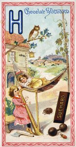 Litera H: hotel, sowa, hamak, harfa, topór, herisson, chmiel, hantle, chabbing, hamlet. Rycina alfabetu pod redakcją Chocolata Sucharda, początek XX wieku. 24 chromatografie przedstawiające miejsca, postacie i przedmioty do odkrycia w autorstwa Unbekannt