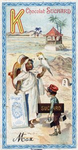 Litera K: kabyle, kepi, kilogram, kakatoes, kiosk, kilometr. Rycina alfabetu pod redakcją Chocolata Sucharda, początek XX wieku. 24 chromatografie przedstawiające miejsca, postacie i przedmioty do odkrycia na obrazie. Wymiary: 105x55mm autorstwa Unbekannt