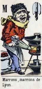 Litera M: „Brąz, brąz z Lyonu”. Alfabet „Zabawa dzieci”. Obraz Epinal, ok. 1890 r. Popularna seria. Mała broszura 8 stron. Matrycowane drzeworyty na temat małych ulicznych metier i krzyków Paryża autorstwa Unbekannt
