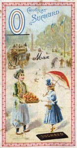 Litera O: omnibus, otomana, parasolka, oriflame, pomarańcza, obelisk, niedźwiedź. Rycina alfabetu pod redakcją Chocolata Sucharda, początek XX wieku. 24 chromatografie przedstawiające miejsca, postacie i przedmioty do odkrycia na obrazie. Di autorstwa Unbekannt