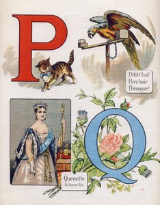 Litera P i Q: mały kotek, okoń, papuga i królowa, odpowiednia opłata. Grawerowanie w "ABC L