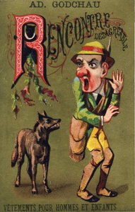 Litera R: Nieprzyjemne spotkanie. Grawerowanie w „Alfabet des grotesques””. Seria 25 chromatografów reklamowych na tle dory, koniec XIX wieku. Wymiary: 11x 7 cm autorstwa Unbekannt