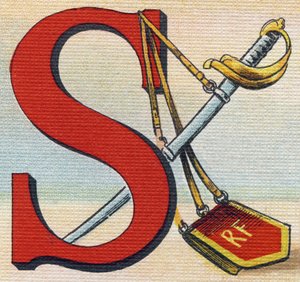 Litera S: Szabla. Grawerowanie w "Alfabet de ma petite fille". Bernardin-Bechet i Fils, księgarz-wydawnictwo, Paryż, ok. 1895. Niezniszczalny album na płótnie. Bibliotheque des Bebes. 12 stron. Album zawierający sposób czytania i ilustracyjny abecedar autorstwa Unbekannt