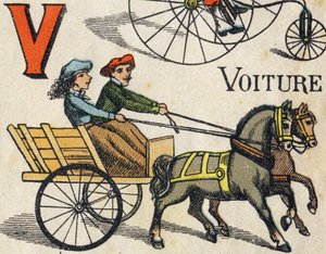 Litera V dla samochodu. Grawerowanie w "ABC Toys". Obrazowanie epinal w chromolitografii, około 1890 r. Mała broszura o objętości 8 stron. Wymiary: 195x135mm, przeznaczone do umieszczenia reklamy w 4 okładce. Używany w domu, oferuje znakomite abecedary i m autorstwa Unbekannt