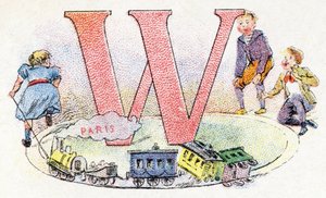 Litera W: wagon. Alfabet fosfatyny Falieres. Rytownictwo. Alfabet Brevete S.G.D.G. przez farmaceutę Pierre