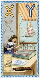 Litera X: ksylofonista i Y: jatagan, jacht. Rycina alfabetu pod redakcją Chocolata Sucharda, początek XX wieku. 24 chromatografie przedstawiające miejsca, postacie i przedmioty do odkrycia na obrazie. Wymiary: 105x55mm autorstwa Unbekannt