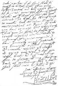 List od królowej Elżbiety I do króla Szkocji Jakuba VI (późniejszego Jakuba I z Anglii) napisany 11 tygodni przed śmiercią, w którym sama deprecjonuje swoje kiepskie pismo odręczne, 5 stycznia autorstwa Unbekannt