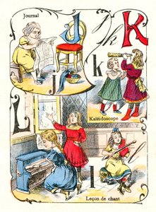 Litery J K i L jako dziennik, kalejdoskop i lektor śpiewający. Grawerowanie w „Fun Alphabet”. Obrazowanie Pont-a-Mousson. Druk i wydawnictwo Louis Vagne, koniec XIX wieku autorstwa Unbekannt