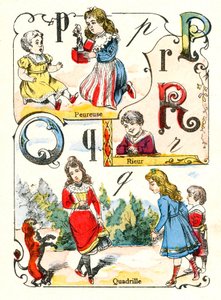 Litery P Q i R jako strach, śmiech i kadryl. Grawerowanie w „Fun Alphabet”. Obrazowanie Pont-a-Mousson. Druk i wydawnictwo Louis Vagne, koniec XIX wieku autorstwa Unbekannt