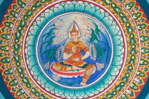 Życie Buddy. Grafika na suficie przedstawiająca życie Buddy. Wat Inpeng. Wientian. Laos, 20151029, Wientian, Laos autorstwa Unbekannt