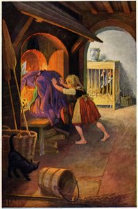 Literatura. Bajka. Jaś i Małgosia oraz czarownica. Ilustracja Otto Kubela do baśni o braciach Grimm. Pocztówka, Niemcy, ok. 1900 r. (pocztówka) autorstwa Unbekannter Künstler