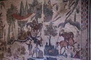 Mała sala myśliwska. Widok ogólny mozaiki. III - IV wiek. Rzymska willa Casale, Sycylia. UNESCO. autorstwa William M. Timlin