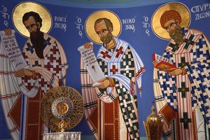 Obiekt liturgiczny i fresk w sanktuarium cerkwi Pedoulas, 20150510, Pedoulas, Cypr autorstwa Unbekannt
