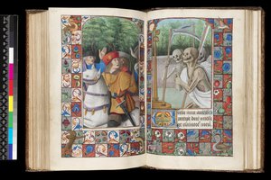 MS 92 f.132v-133r, Office of the Dead, Jutrznia, Trzech Żywych i Trzech Umarłych, z Księgi Godzin, zachodnia Francja, korzystanie z Rzymu, 1490-1510 autorstwa Unbekannt