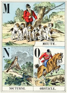 M N O : Meute, Nokturn, Przeszkoda - Alfabet myśliwski, ok. 1890 (rycina) autorstwa Unbekannt