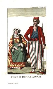 Mężczyzna i kobieta z Arkadii, Peloponez, Grecja. Ilustracja z książki Francois Pouquevilleõs Travels through More, Albania and several other parts of the Ottoman Empire. autorstwa Unbekannter Künstler