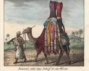 Mężczyzna z Afryki Północnej, pistolet muszkietowy, prowadzący wielbłąda z ładunkiem koców. Litografia do książki: "Galerie complete en tableaux fideles des peuples d