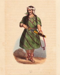 Człowiek z plemienia Karen (Karene lub Karyang) (Birma, Myanmar) - Człowiek z plemienia Karen (Karian) z południowej Birmy - Ręcznie kolorowany drzeworyt z "Mores, Uses et Costumes de tous les Peoples du Monde, Asia" Auguste