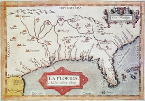 Mapowanie "Florydy". Widzimy Zwrotnik Raka, Bahamy i wyspy Tortugas. W "Teatrum Orbis Terrarum" kartografa Abrahama Orteliusa (1527-1598) autorstwa Unbekannter Künstler
