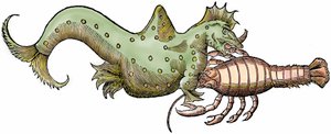Smok morski i gigantyczny skorupiak, ksylografia zaczerpnięta z "Paralipomena accuratissima historiae omnium animalium quae in voluminibus Aldrovandi desiderantur/Bartholomaeus Ambrosinus... summo labore collegit; Marcus Antonius Berna bibliopola bononiens autorstwa Unbekannter Künstler