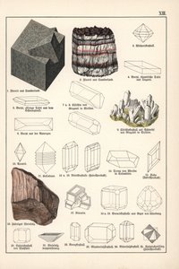 Minerały i kryształy (fluoryt, celestyn i włóknista sól kamienna) - Chromolitografia mineralogii Gustava Adolpha Kengotta (1818-1897), fragment Historii naturalnej Gotthilfa Heinricha von Schuberta (1780-1860) autorstwa Unbekannter Künstler