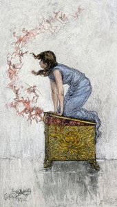 Mity i legendy: Pandora zbyt ciekawska otwiera puszkę mimo zakazu i uwalnia mniej demonów z pudełka zawierającego wszystkie bolączki ludzkości. Kolorowa rycina z XIX wieku. autorstwa Unbekannter Künstler