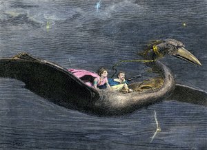 Mity i legendy: Rokh lub Roc (gigantyczny ptak z mitologii arabsko-perskiej. Występuje we fragmentach Tysiąca i jednej nocy). Kolorowa rycina z XIX wieku. autorstwa Unbekannter Künstler