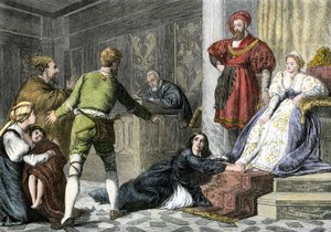 Mity i legendy: córka Żyda oskarżona o czary w średniowieczu. Kolorowa rycina z XIX wieku. autorstwa Unbekannter Künstler