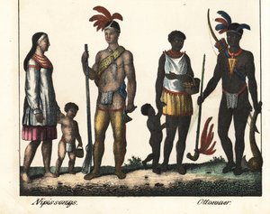Rdzenni mieszkańcy Kanady: rodzina Indian z jeziora Nipissing i rodzina Indian z okolic Ottawy. Litografia do książki: "Galerie complete en tableaux fideles des peuples d
