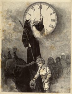 Noworoczna alegoria z 1889 roku przedstawiająca stare sklepienie, symbolizujące stary rok, ustępujące miejsca uśmiechniętemu chłopcu symbolizującemu Nowy Rok. Czas przygląda się scenie, obracając wskazówki zegara. XIX-wieczna rycina autorstwa Unbekannter Künstler