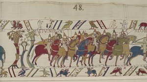 Żołnierze normańscy opuszczający Hastings na bitwę z Haroldem, Gobelin z Bayeux (haft wełniany na płótnie) autorstwa Unbekannt