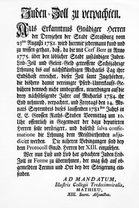 Powiadomienie Organu Administracyjnego Trzynastu w Strasburgu (Tredecim Viri) o publicznej licytacji prawa do pobierania „Juden Zoll” przez 3 lata autorstwa Unbekannt