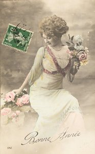 Stara pocztówka/szczęśliwego roku/życzenie/kobieta Belle Epoque autorstwa William M. Timlin
