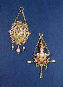 Owalny klejnot wiszący przedstawiający św. Jerzego zabijającego smoka, Północnoeuropejski, ok. 1600; Wisiorek w formie popiersia Minerwy, południowoniemieckie, ok.1570 autorstwa Unbekannt