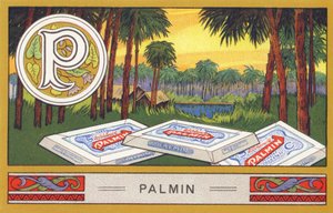 P: Palmine - Alfabet Palmine. Seria chromolitografii pod redakcją H. Schlincka i Cie, Hamburg, s. d. . Reklama najlepszego oleju kokosowego Palmin. Wymiary: 7 x 11 cm autorstwa William M. Timlin