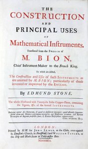 Strona tytułowa książki Nicolasa Biona (1652-1933) o instrumentach matematycznych, tłumaczenie na język angielski, z dodatkiem „Angielskie ulepszenia”, wydanej w Londynie w 1723 r. autorstwa Unbekannt