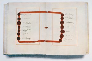 Strona traktatu wersalskiego z sygnatariuszami, 28 czerwca 1919 (tusz na papierze) autorstwa Unbekannt
