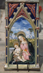 Malowana płytka ceramiczna przedstawiająca Madonnę z Dzieciątkiem, Gualdo Tadino, Umbria, Włochy autorstwa William M. Timlin