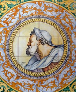 Malowany panel z majoliki przedstawiający głowę starca w stylu Michała Anioła, wykonany przez Ceramiche Desuir, Santo Stefano di Camastra, Sycylia, Włochy, detal autorstwa William M. Timlin