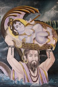 Obraz w Gokul : Krishna jako dziecko niesiony przez Vasudeva nad rzeką Yamuna. Indie autorstwa Unbekannt