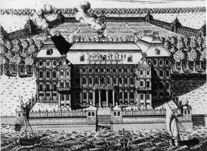 Pałac A, Mieńszykow na Wyspie Wasilijów: Jeden z pierwszych budynków zbudowanych w Petersburgu (1711-1716), rycina A, Zubow (1717), Rosja. autorstwa Unbekannt