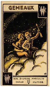 Paranormal. Astrologia. Gêmeos (os gêmeos). Carta astrológica de: Le Tarot Astrologique (tarô astrológico), de Georges Muchery, polonês francês autorstwa Unbekannter Künstler