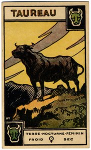 Paranormalne. Astrologia. Byk (byk). Karta astrologiczna z: Le Tarot Astrologique (Astrological Tarot), Georges Muchery, Francja autorstwa Unbekannter Künstler