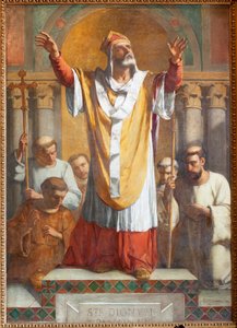 Kościół parafialny (Parochiale kerk Sint-Dionysius van Lede). Wnętrze. Nawa południowa. Ołtarz. Obraz. Święty Denis. Podpisano i opatrzono datą 1854 ThEodore-Joseph Canneel. autorstwa Unbekannter Künstler