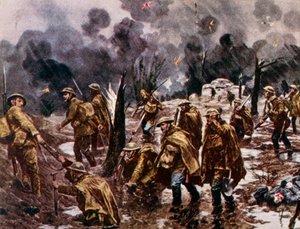 "Passchendaele" - żołnierze w błocie w pobliżu Ypres w Belgii podczas I wojny światowej autorstwa Unbekannter Künstler
