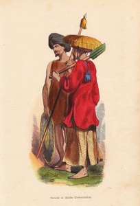 Peasant et soldat Cochinchinois (Vietnam) - Mężczyźni z Wietnamu (Cochinchine): żołnierz z turbanem, tarczą i włócznią oraz rolnik w słomkowym kapeluszu, tunice i łopacie - Ręcznie kolorowany drzeworyt Merciera z "Moeurs, Uses et Costumes de tous les Peupl autorstwa Unbekannter Künstler