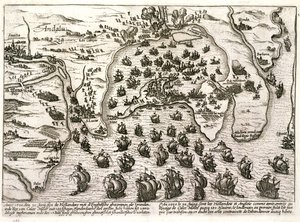 Plan portu Kadyks w 1596 roku w momencie ataku Sir Waltera Raleigha (rycina) autorstwa Unbekannter Künstler