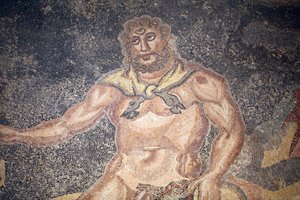 Sala Polifemów. Szczegół cyklopa pożerającego wnętrzności kozy. III - IV wiek. Rzymska willa Casale, Sycylia. UNESCO. autorstwa Unbekannt