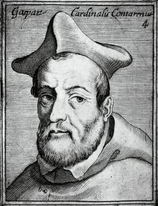 Portret Gasparo Contariniego (1483-1542), włoskiego kardynała i biskupa, rycina z Illustrissimorum, omnique virtutis, et scientiarum laude praestantissimoru virorum icones, autorstwa Claudiusa Pernetusa. autorstwa William M. Timlin